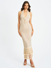Faelyn Off-White Double Fringe Crochet Halter Maxi Dress