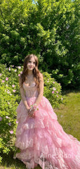 Stunning Pink Tulle Lace Beaded A-line Prom Ball Gown, Evening Dress, PD382239
