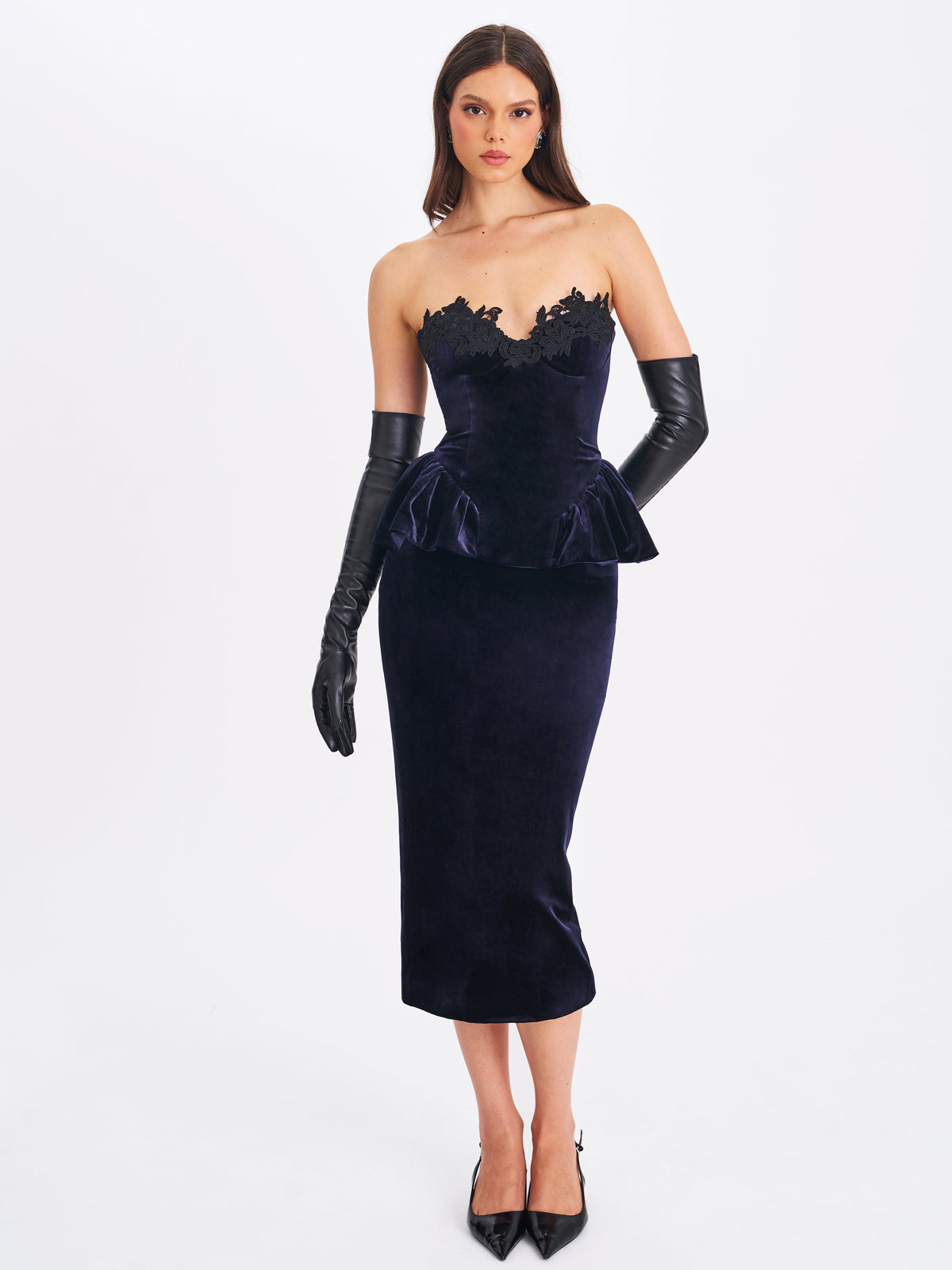 Pascha Black Lace Appliqué Strapless Peplum Midi Dress