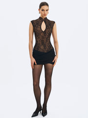 Valerie Black Lace Teardrop Neckline Ruched Mini Dress