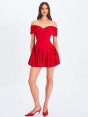 Narelle Crimson Off-Shoulder Sweetheart Drop Waist Mini Dress