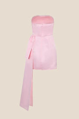 Strapless Pink Satin Tight Mini Dress with Train
