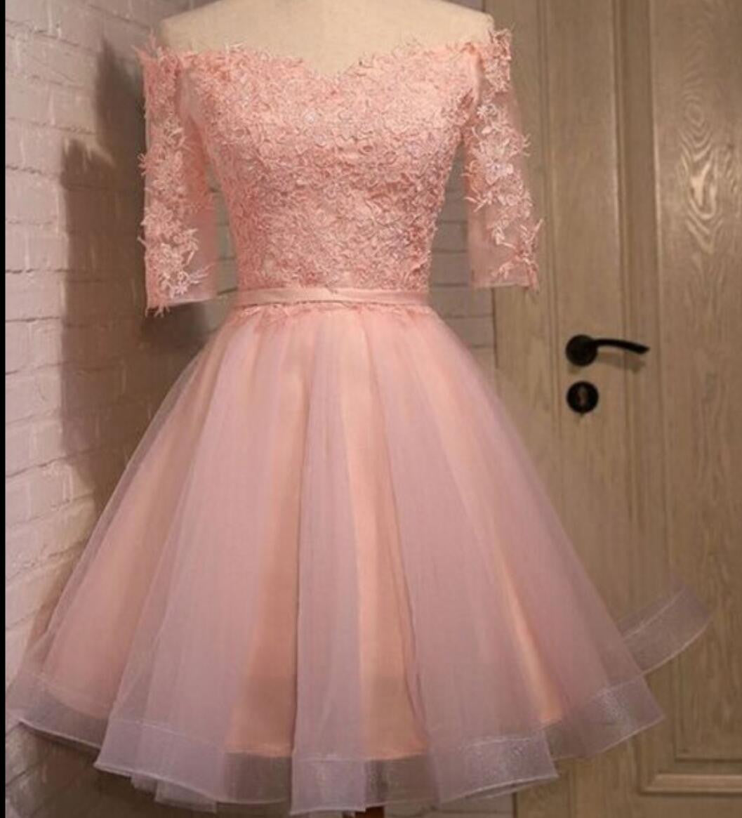 Elegant Off the Shoulder Lace Appliques A-line Short Homecoming Dress, Wedding Guest Dress, CM0006