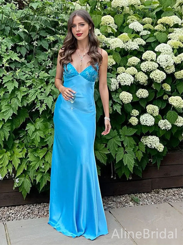 Blue Spaghetti Straps Mermaid Prom Dress with Tie-Back, Floor-Length Evening Dress, PD38063