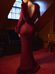 Mellie Burgundy Regular-Length Rhinestone Mesh Low Back Mermaid Gown