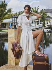 Palina White Lyocell Pleated Midi Preppy Shirt Dress