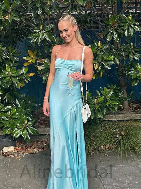 Simple Sky Blue Sweetheart Side Slit Sheath Long Prom Dress, PD3750