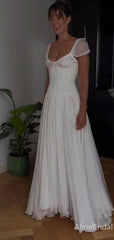 Elegant Ivory Chiffon Low Back A-Line Prom Dress with Cap Sleeves, Evening Gown, PD37673