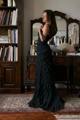 Cascading Ruffle Gown Lined in Noir