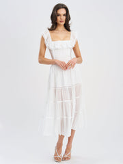 Eden White Tencel Square Neck Ruffle Trim Midi Dress