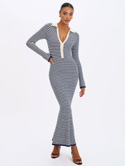Xelie Navy & White Cotton Terry Knit Mermaid Maxi Dress