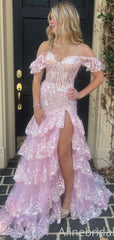 Sparkly Pink Off the Shoulder Ruffles Tiered Corset Prom Dress, Evening Dress, PD382292