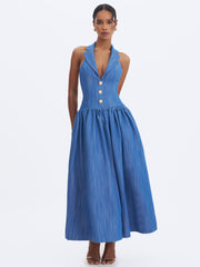 Xyan Navy Denim Lapel Halter A-Line Midi Dress