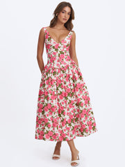Wilfreda Blooming Pink Floral Linen Sweetheart Midi Dress