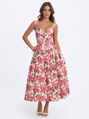 Wilfreda Blooming Pink Floral Linen Sweetheart Midi Dress