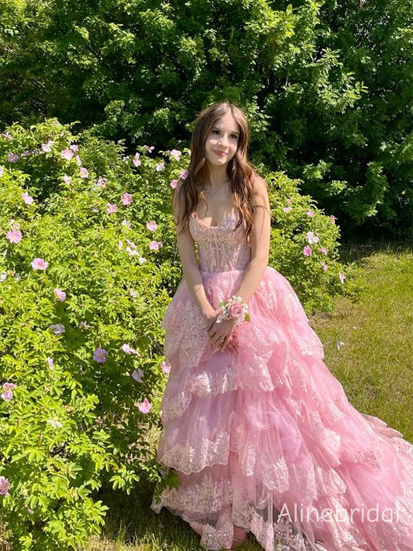 Stunning Pink Tulle Lace Beaded A-line Prom Ball Gown, Evening Dress, PD382239