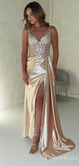 Sparkly Champagne V-neck Side Slit Long Prom Dress, Evening Dress, PD37698