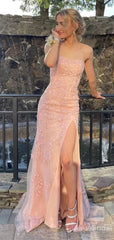 Elegant Strapless Pink Lace Appliques Mermaid Long Prom Dress with Slit, Evening Dress, PD37706