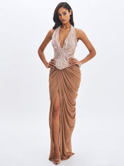 Nancie Apricot Beaded Halter Peplum Ruched Maxi Dress