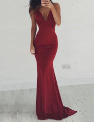 Sexy Red V-neck Sleeveless Backless Mermaid Floor Length Prom Dress, PD3647