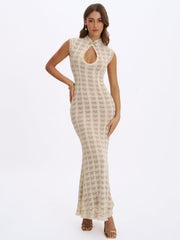 Xylona Beige & Gold Crochet Teardrop Neckline Mermaid Maxi Dress