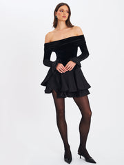 Magnolia Black Off-Shoulder Layered Satin Mini Dress