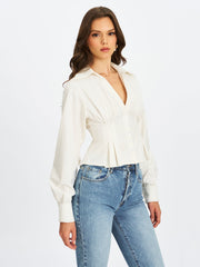 Sylvia White Pinstripe Deep V Pleated Shirt