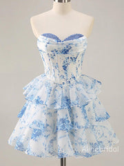 Elegant Pink Floral Corset Ruffle A-line Soft Satin Short Homecoming Dress, Prom Dress, PD382251