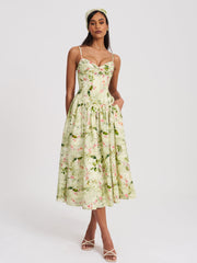 Jacinda Green Floral Print Linen Midi Dress