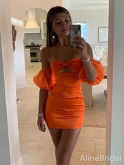 Simple Orange Strapless  Short Homecoming Dress with Puff Sleeves, HD3237