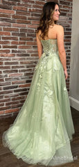 Elegant Green Floral Appliques A-Line Tulle Prom Dress with Slit, PD37718