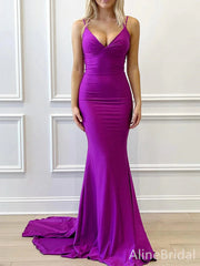 Sexy Purple V-neck Lace-Up Back Mermaid Long Prom Dress-Spaghetti Strap Evening Dress,PD37719