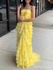 Elegant Yellow Chiffon Strapless A-line Long Prom Dress, Evening Dress, PD37720