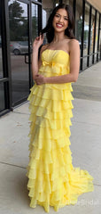 Elegant Yellow Chiffon Strapless A-line Long Prom Dress, Evening Dress, PD37720