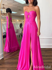 Elegant Hot Pink Strapless Cut-Out High Slit A-line Long Prom Dress, Evening Dress, PD37725