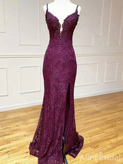 Elegant Purple Lace Beaded Backless Mermaid Prom Dress with Slit-Long Evening Dress, PD37744