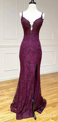 Elegant Purple Lace Beaded Backless Mermaid Prom Dress with Slit-Long Evening Dress, PD37744