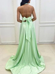Elegant Green Halter A-line Long Prom Dress with Slit-V-neck Bow Detailing Evening Dress,PD37795