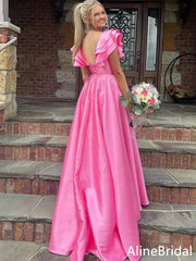 Elegant Hot Pink Ruffled V-Neck A-line Prom Dress-High Slit Long Evening Gown, PD37755