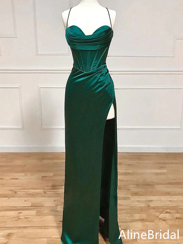 Elegant Emerald Green Corset Prom Dress with Slit, Evening Dress, PD37761