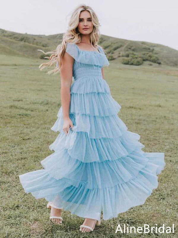 Elegant Sky Blue A-line Tulle Tiered Prom Dress-Ruffled Evening Dress, PD37766