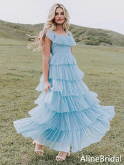 Elegant Sky Blue A-line Tulle Tiered Prom Dress-Ruffled Evening Dress, PD37766