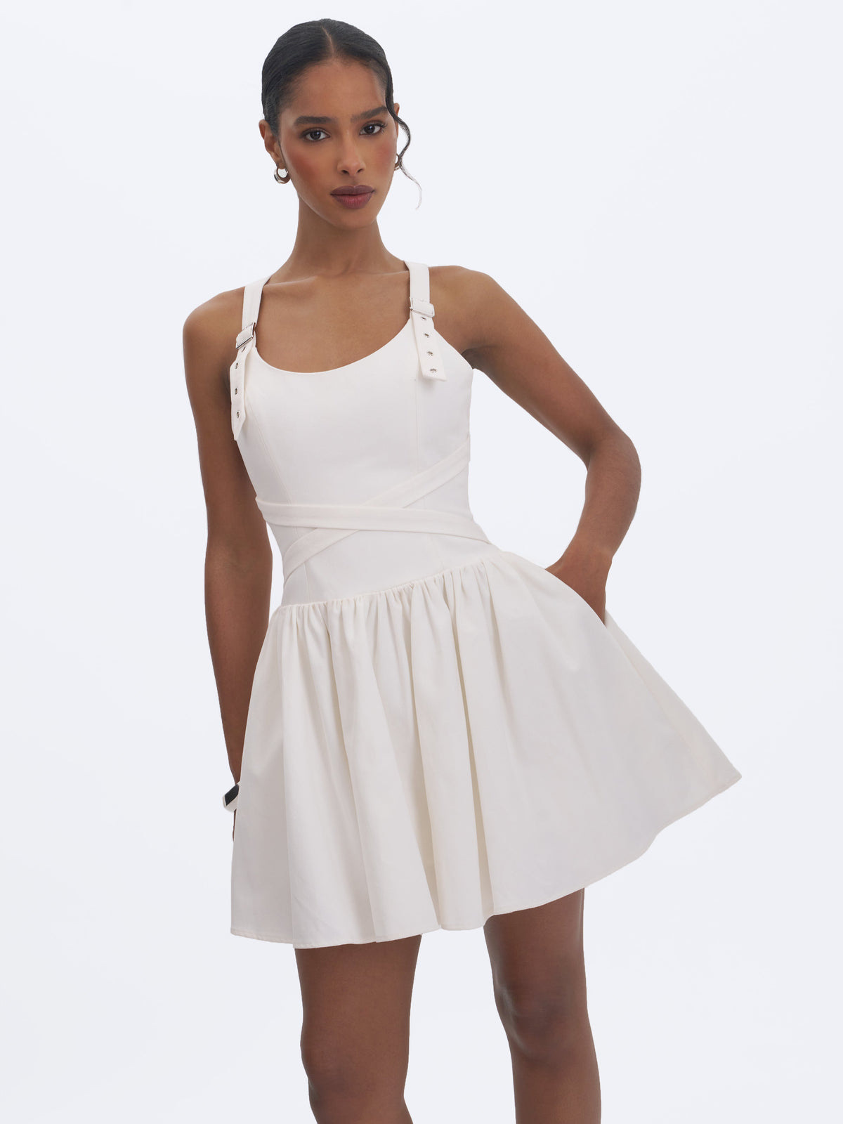 Francine White Cotton Denim Crossover Strap Mini Dress