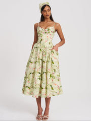 Jacinda Green Floral Print Linen Midi Dress