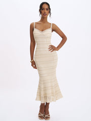 Xiomara Beige & Gold Stripe Crochet Knit Mermaid Midi Dress
