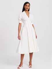 Palina White Lyocell Pleated Midi Preppy Shirt Dress