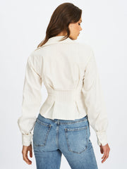 Sylvia White Pinstripe Deep V Pleated Shirt