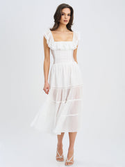 Eden White Tencel Square Neck Ruffle Trim Midi Dress