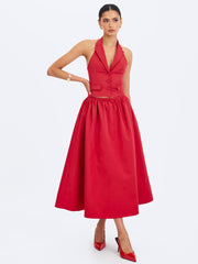 Ursel Crimson Gathered A-Line Midi Skirt