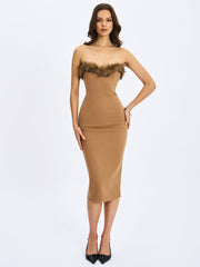 Rayanne Chestnut Strapless Fur-Trimmed Sweetheart Midi Dress